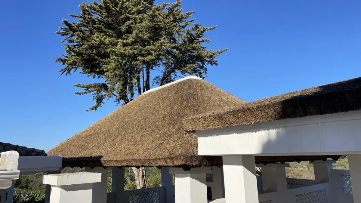 Techo de junco africano en una villa, vista exterior