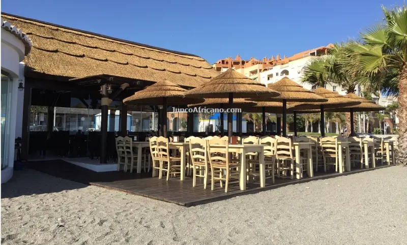 La Dorada: terraza con pérgola y sombrillas de junco africano